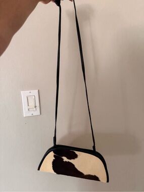 Half-Moon Cowhide Crossbody Bag in Black Brown and Cream